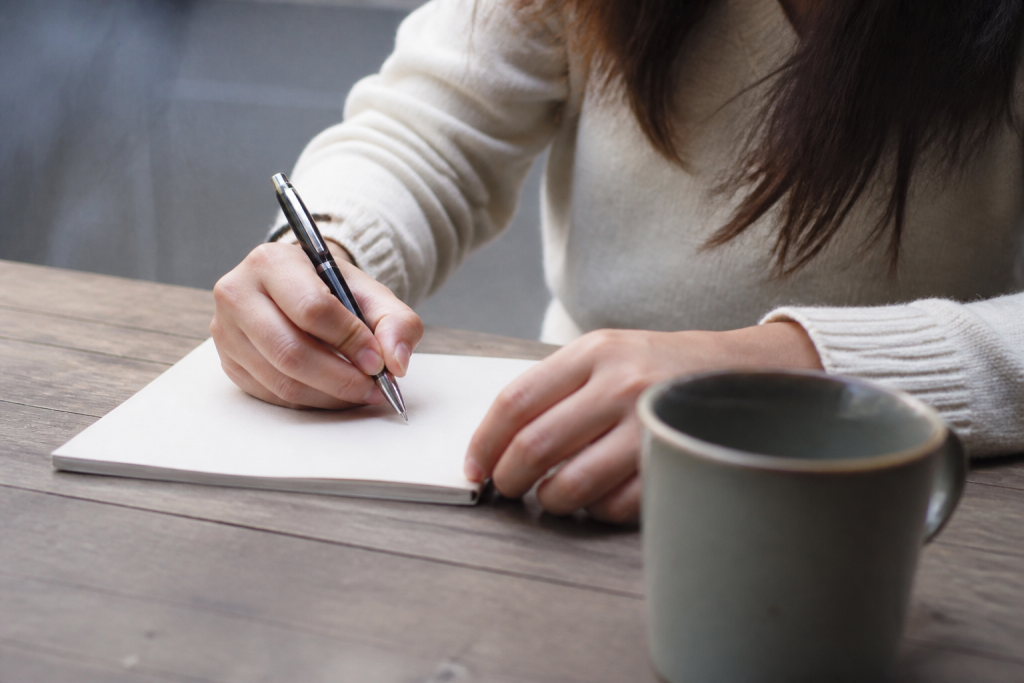 Mains ecrivant courte phrase amour sur papier