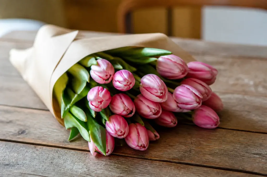 Bouquet de tulipes roses sur table en bois