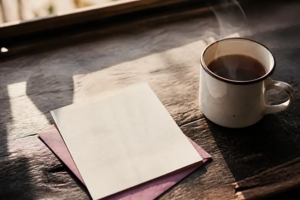 Carte manuscrite posée près d'une tasse fumante
