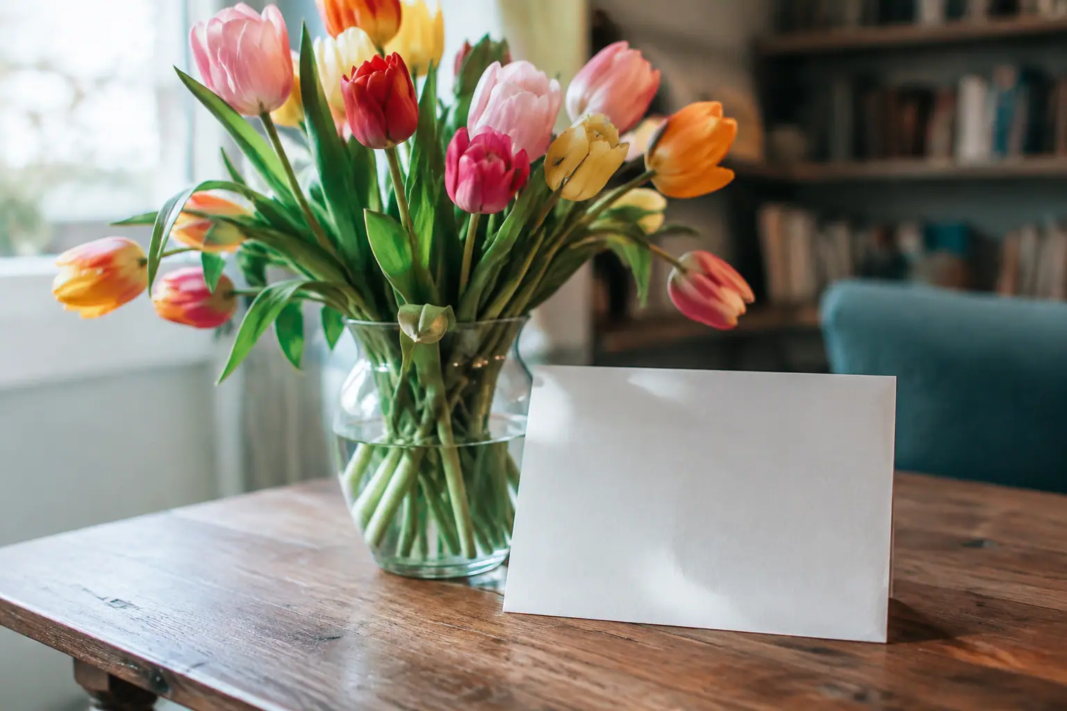 Carte manuscrite posee contre un vase de tulipes