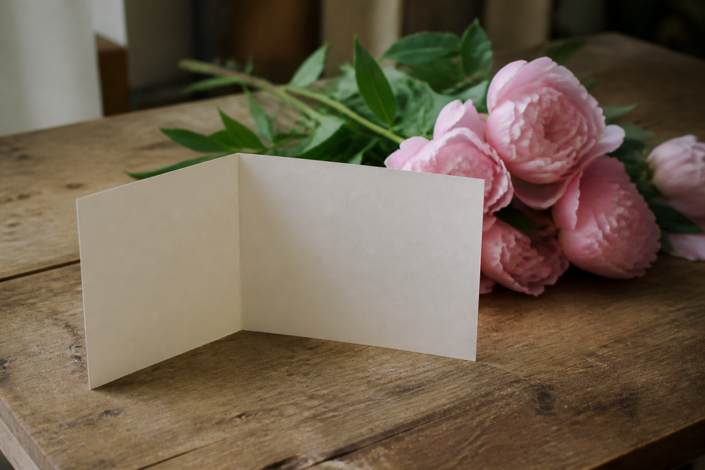 Carte ouverte avec fleurs roses sur table en bois