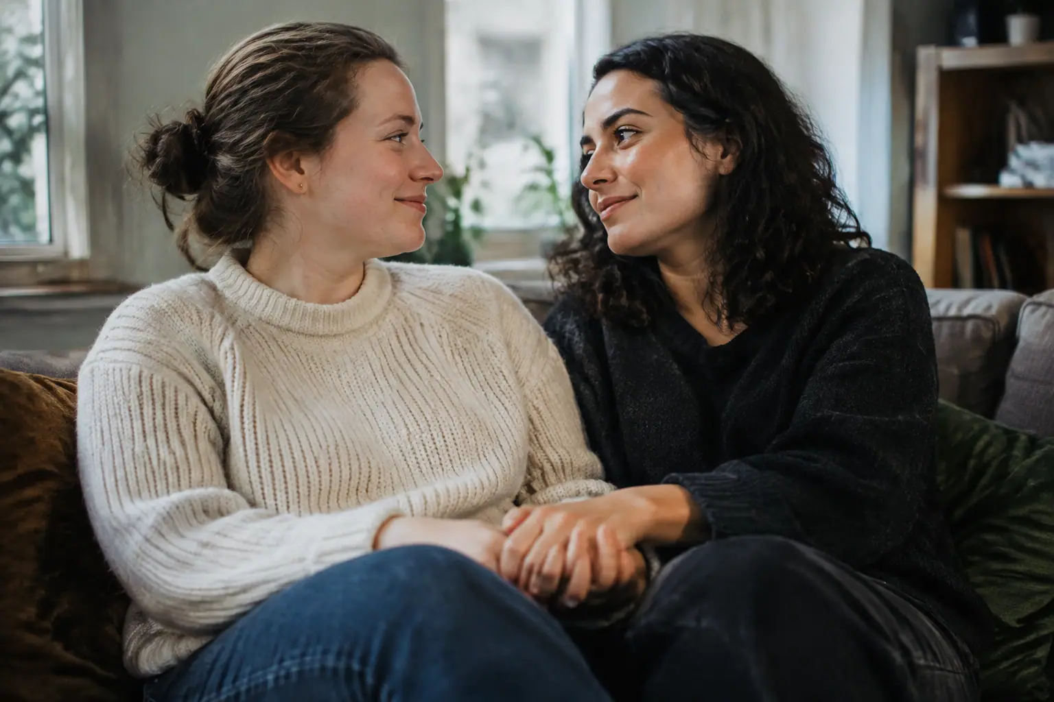 Deux femmes assises sur un canape, mains jointes