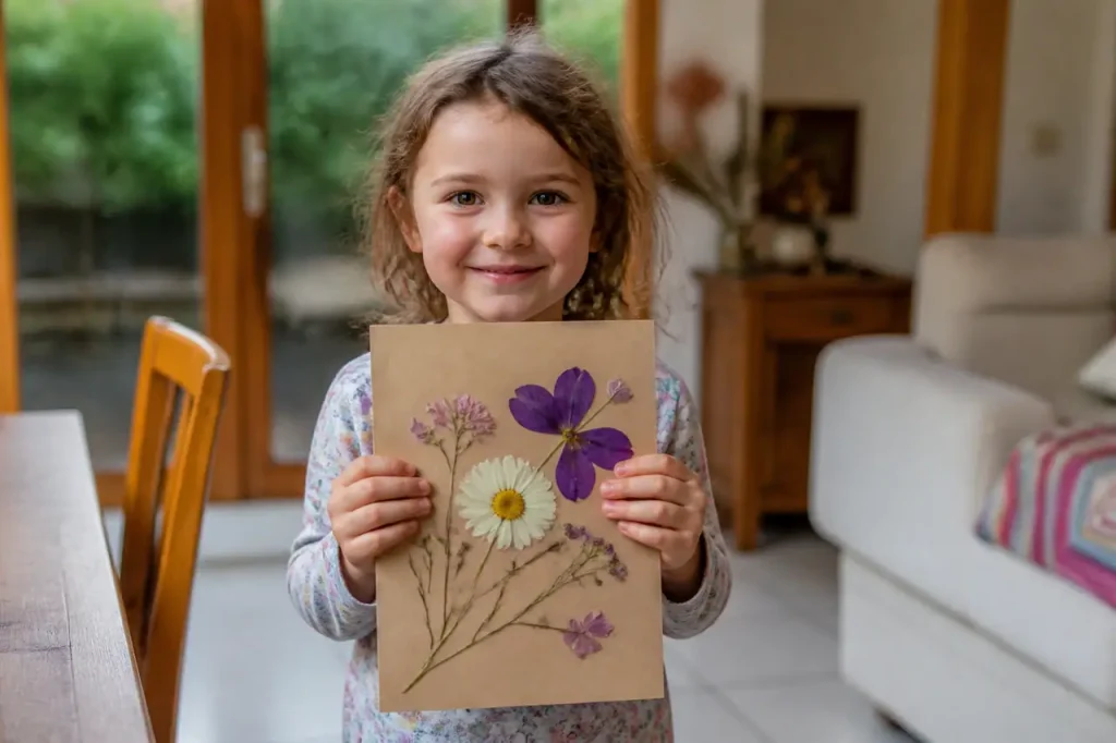 Enfant tenant une carte fleurie faite main
