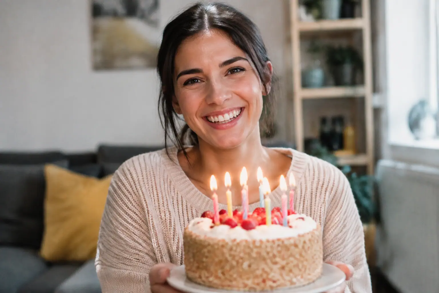 Une femme souriante tient un gateau aux bougies allumees
