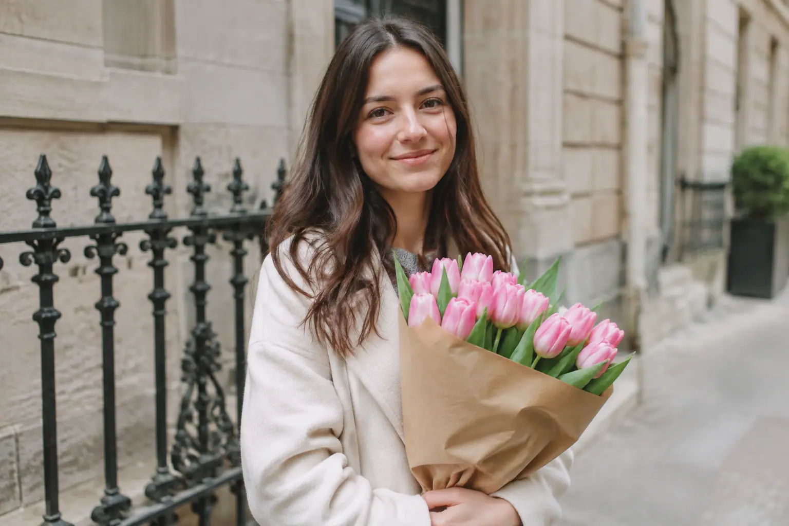 Une fille debout tient un bouquet de tulipes roses