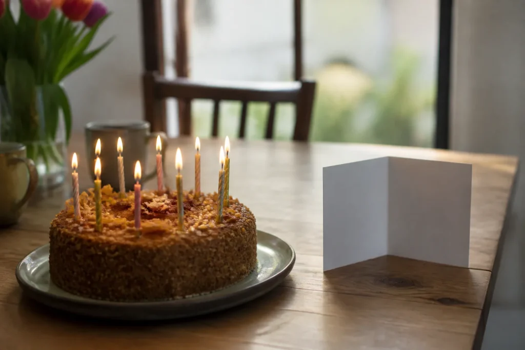 Gateau avec bougies allumees et carte ouverte sur table