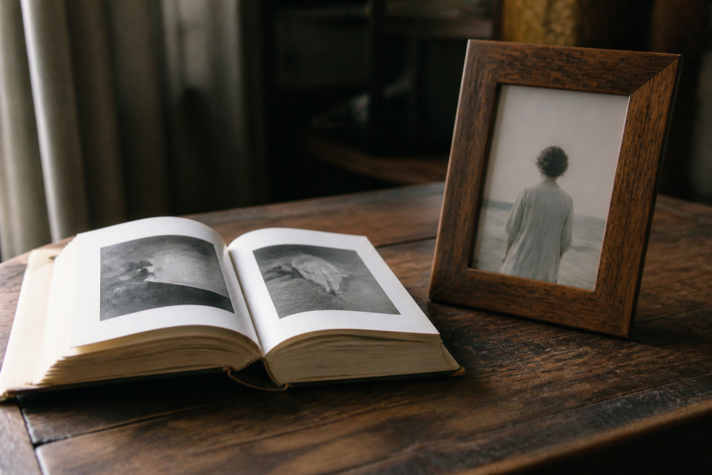 Livre ouvert et cadre photo sur table en bois