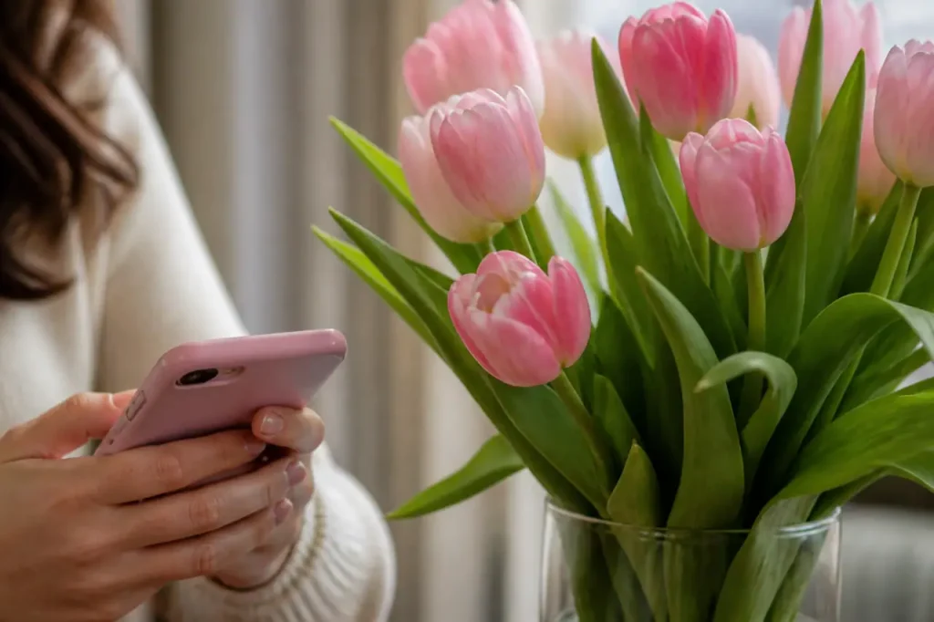 Mains tenant un telephone pres bouquet de tulipes roses