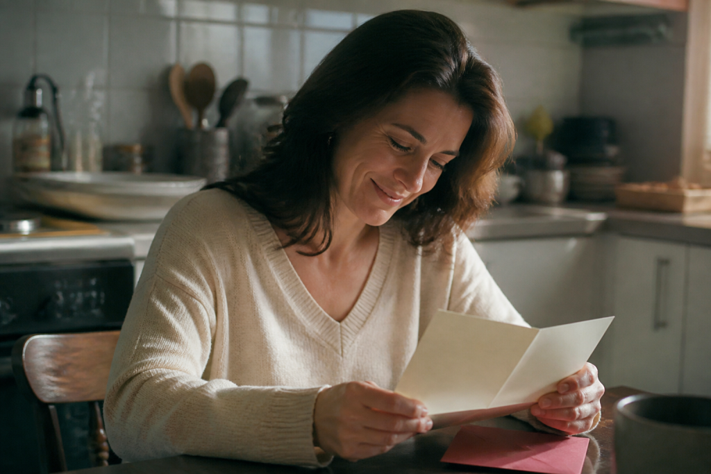 Maman souriante lit une carte manuscrite dans sa cuisine