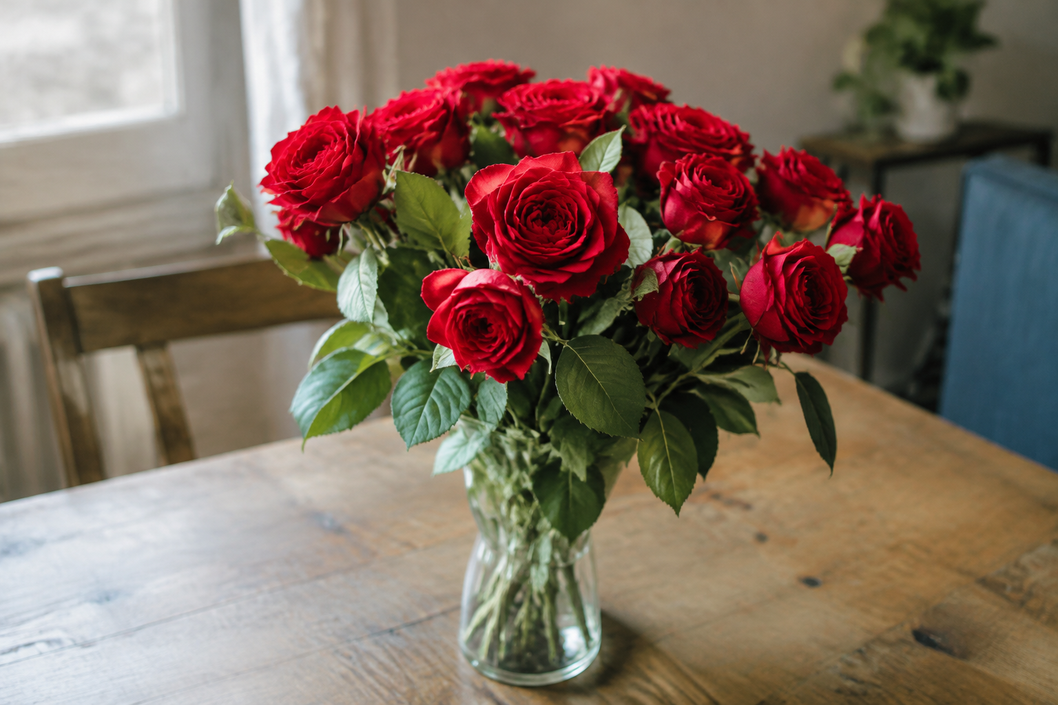 Roses rouges en bouquet sur table en bois