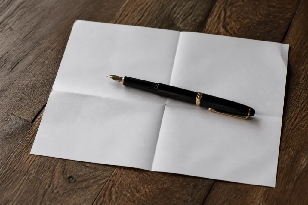 Stylo plume posé sur une feuille pliée en quatre