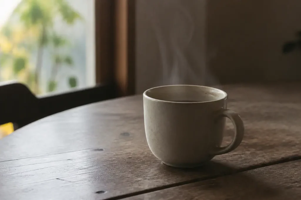 Tasse de cafe fumante posee sur une table