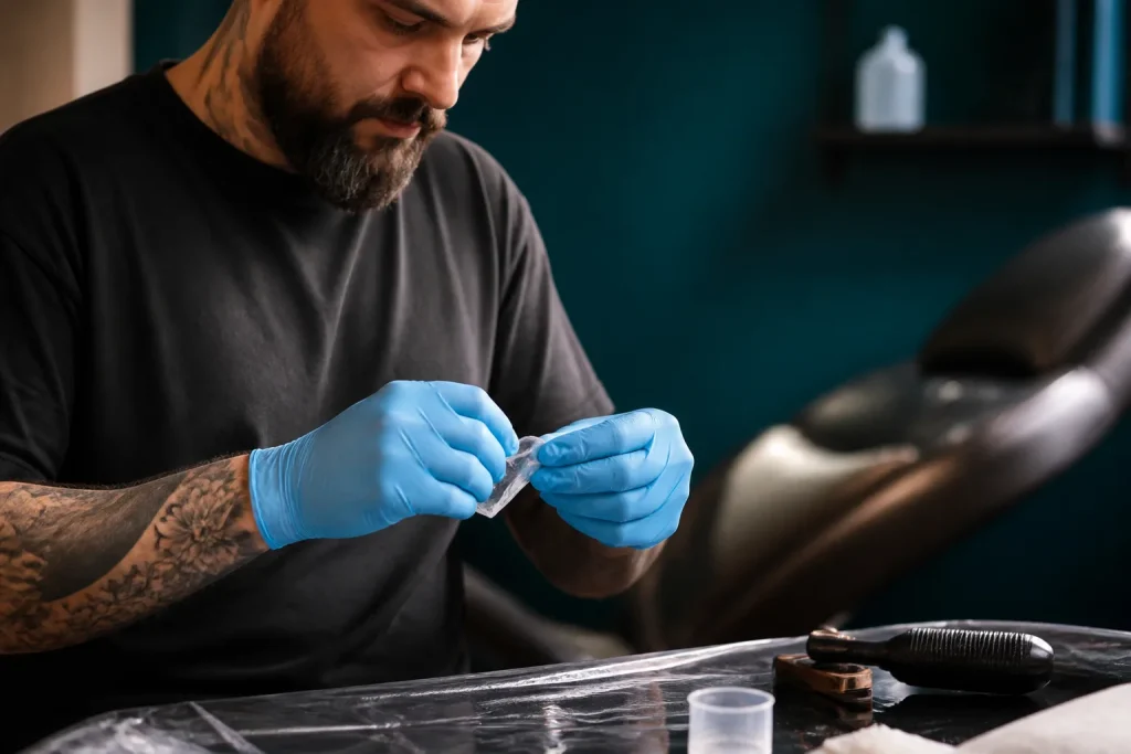 Tatoueur en gants bleus ouvrant un sachet individuel